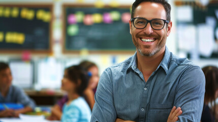 Fototapeta premium portrait cheerful of teacher in the classroom to convey their spirit
