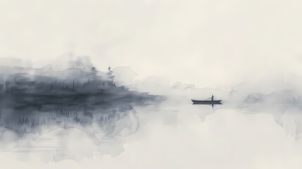 Boat on the river ink painting illustration poster background