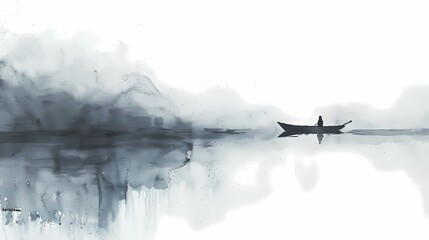 Boat on the river ink painting illustration poster background