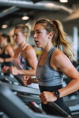 Fototapeta premium Focused Woman Maintaining Steady Pace on Treadmill in Vibrant Gym Surrounded by Fitness Enthusiasts