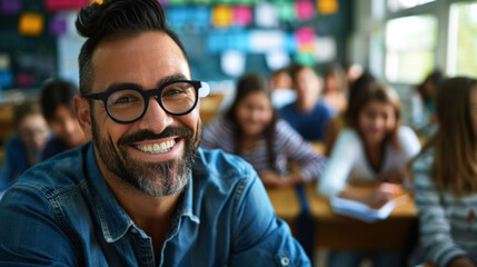 Obraz premium portrait cheerful of teacher in the classroom to convey their spirit