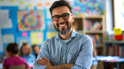 Fototapeta premium portrait cheerful of teacher in the classroom to convey their spirit