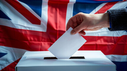 UK voter with ballot paper in hand and United Kingdom flag
