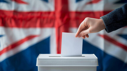 Obraz premium UK voter with ballot paper in hand and United Kingdom flag