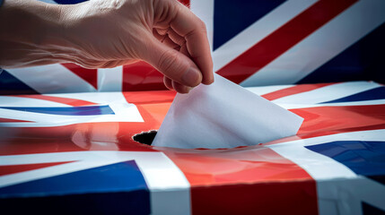 UK voter with ballot paper in hand and United Kingdom flag