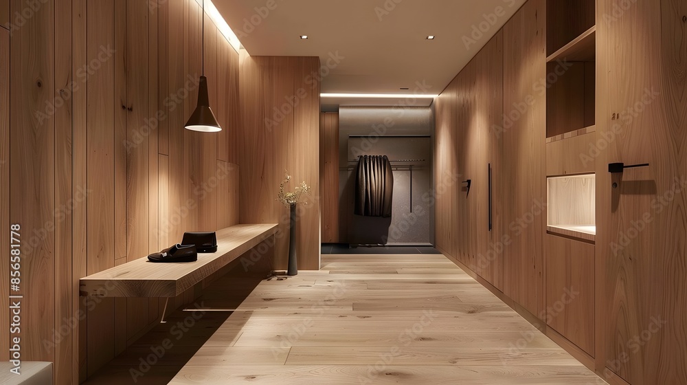 Sticker A modern apartment entrance hallway featuring sleek wooden paneling and dark tile flooring. The minimalist design and warm lighting create a welcoming and sophisticated atmosphere.