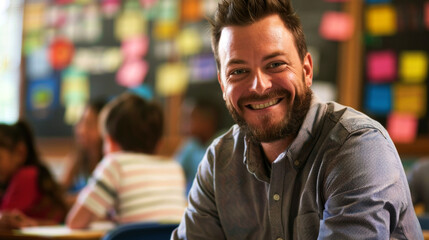 Fototapeta premium portrait cheerful of teacher in the classroom to convey their spirit