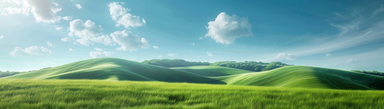 Green rolling hills under blue sky with clouds