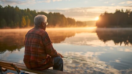 Senior Fisherman Enjoying a Peaceful Moment on a Serene Lake at Sunset