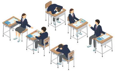アイソメトリックイラスト：学校机と高校生