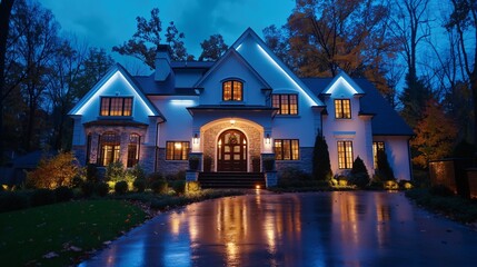 bright security lights illuminating a suburban house at night, highlighting safety features.