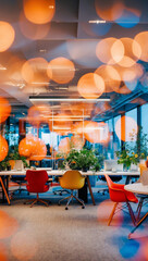 Modern bright office interior with furniture and daylight. Blurred background.