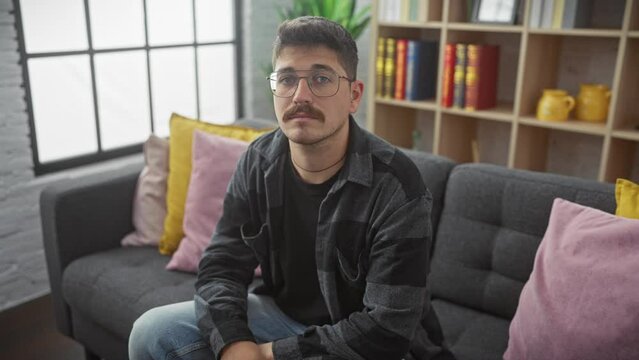 Young hispanic man wearing glasses sitting on sofa with serious expression on face. simple and natural looking at the camera. at home