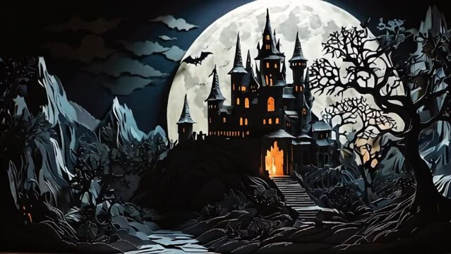 満月が不気味に輝く夜の恐ろしいハロウィーンのゴシック風景イラスト