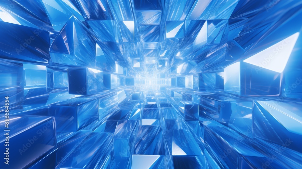 Poster  mesmerizing abstract blue background with swirling diamonds and squares in a mesmerizing geometric pattern, evoking a sense of hypnotic movement and fluidity. 