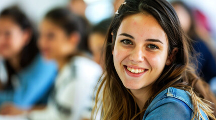 Fototapeta premium portrait cheerful female of student in the classroom to convey the spirit study
