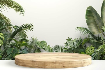 Fototapeta premium Mockup, photo background, wooden podium in tropical forest.