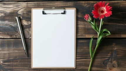 Elegant Workspace Setup with Blank Clipboard for Creative Text, Flower, and Pen on Wooden Surface