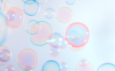 Beautiful Colorful Pink and Blue Soap Bubbles Floating in The Air.  Abstract Background. Celebration Festive Backdrop. Freshness Soap Suds Bubbles Water.	