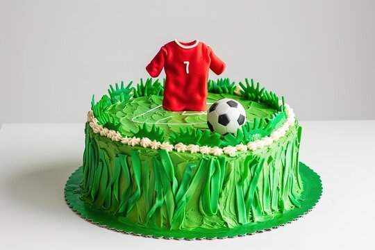 Cake on a football theme decorated with green grass and soccer ball on grey background.