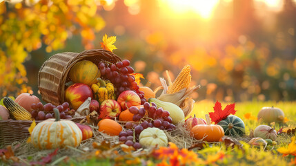 Thanksgiving Autumn Harvest Basket with Fruits and Vegetables in Sunlit Field, 