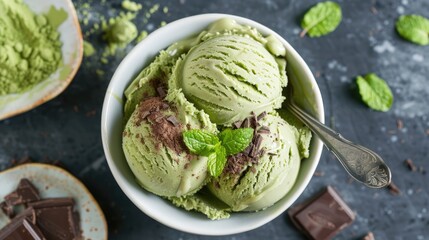 Matcha mint ice cream with chocolate coconut milk and green tea flavors