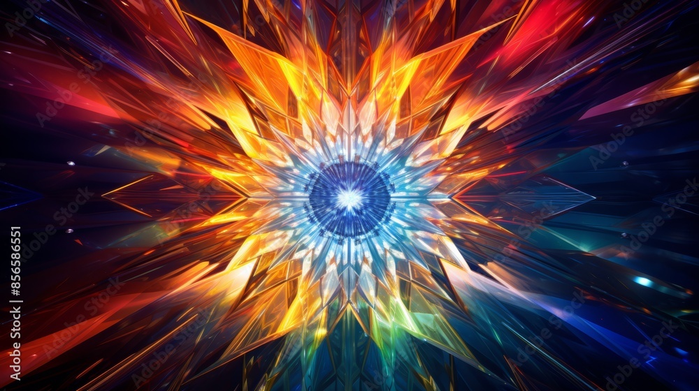 Poster mesmerizing kaleidoscope of colors and patterns created by the diffraction of light through a prism of shiny gold foil. 
