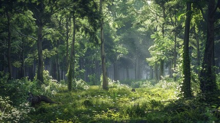Obraz premium A lush green forest with sunlight shining through the trees