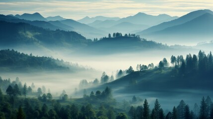 Obraz premium Photograph of a misty landscape that captures the beauty of nature. first person view ,on a clean background realistic daylight--C100 --ar 16:9 --v 5.2 Job ID: 9e58275b-9fac-49dc-ac18-1fd022fdd30a