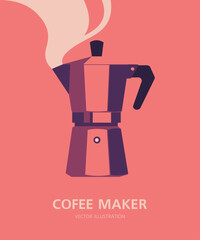 Italian coffee maker. A Moka pot, for espresso. Side view. Minimalistic vertical poster. Vector flat illustration