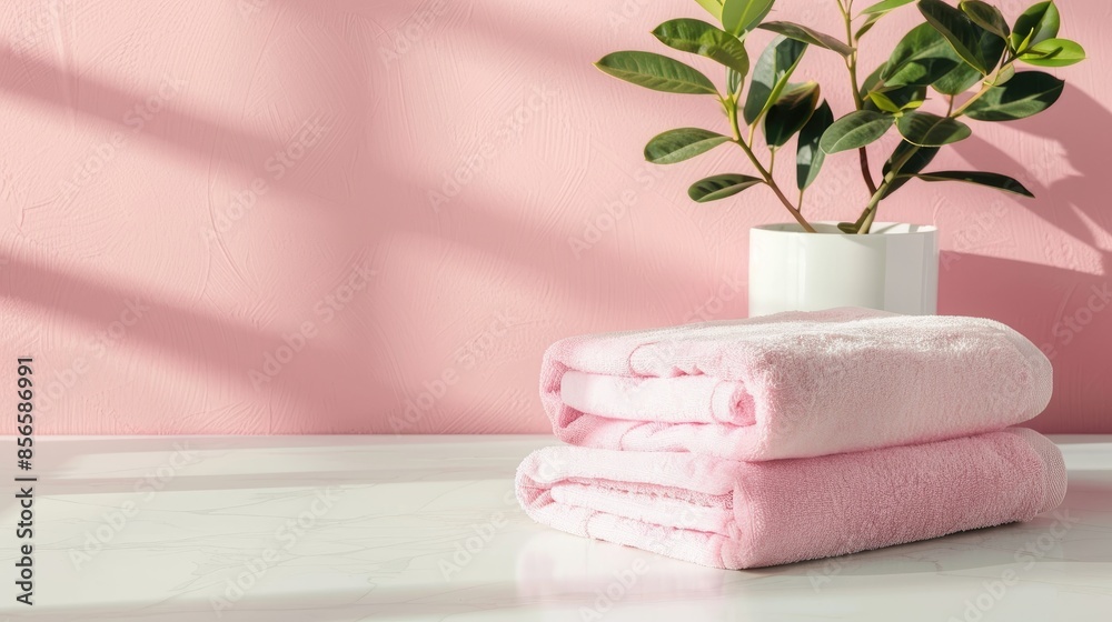 Wall mural Soft towels displayed neatly on table with pink background and room for text