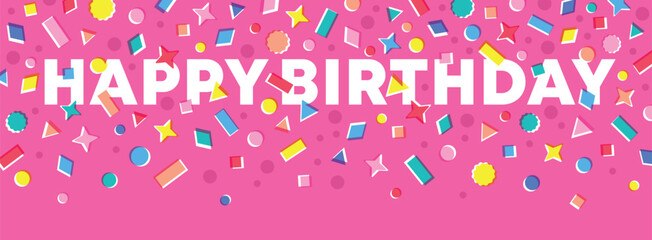 Happy Birthday banner background with colorful confetti on pink background