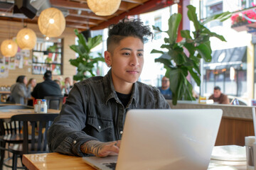 Young Entrepreneur Working on Laptop in Trendy Cafe Environment