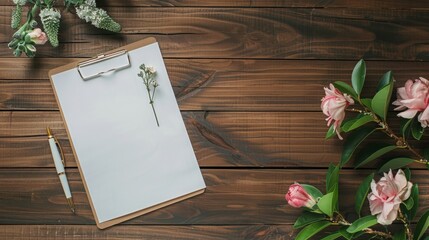 Inspirational Workspace: Blank Page Clipboard, Flower, and Pen on Wooden Background