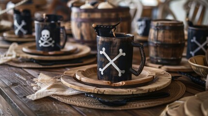 A table setting complete with wooden plates and mugs adorned with Jolly Roger flags.