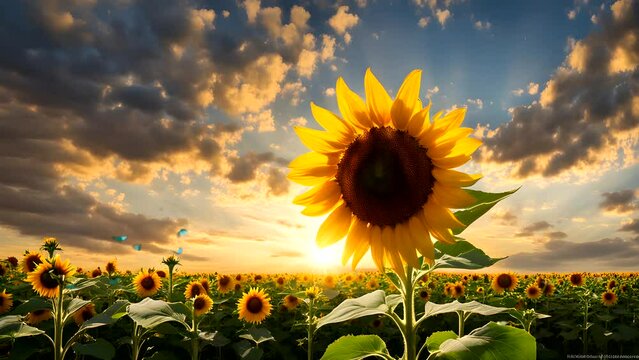 A view of sunflowers blooming in summer, at sunrise  Seamless looping 4k time-lapse animation video background