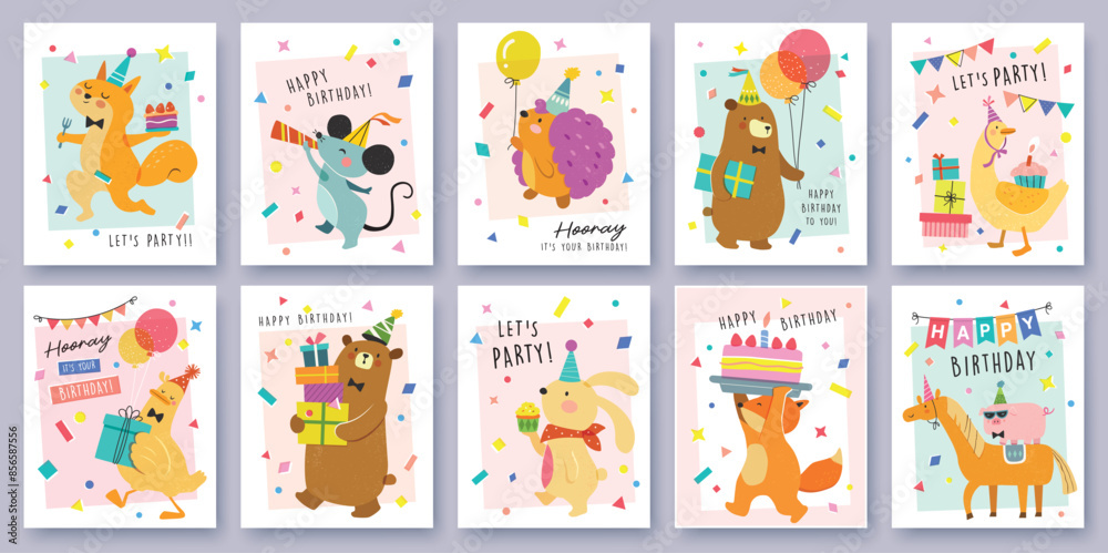 Wall mural set of birthday greeting cards with cute cartoon character animals and colorful confetti background. - Wall murals