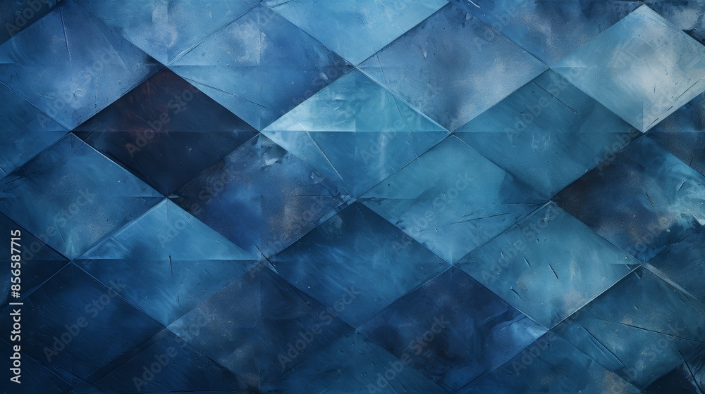 Poster modern abstract blue background with diamonds and squares in a random geometric pattern, showcasing a textured surface and a weathered aesthetic.