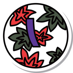 ステッカー風の円形ミニ花札　神無月　紅葉　青短　10月　紅葉に青短