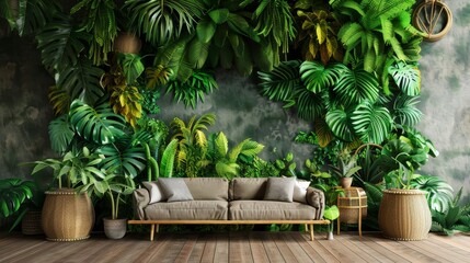 Obraz premium 3D mural featuring lush, verdant tropical leaves, vibrant green backdrop, raw style, highly detailed and immersive