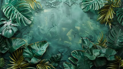 3D mural of lush tropical leaves, set against a vibrant green background, detailed textures and depth, raw style, immersive and vivid
