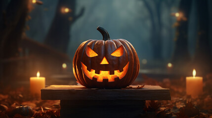 a carved pumpkin with a face on a wooden bench