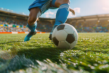 Obraz premium Football World Championship: Soccer Player Runs to Kick the Ball. Ball on the Grass Field of Arena, Full Stadium of Crowd Cheers.