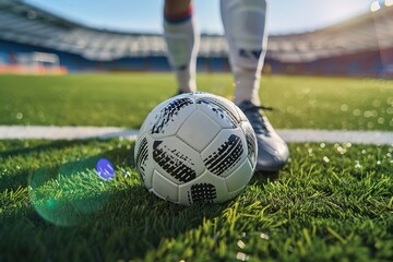 Soccer player ready to kick the soccerball at the stadium during the match.