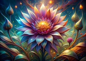 Glowing Fantasy Flower In Full Bloom With Vibrant Colors And Intricate Details.