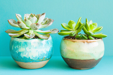 two pots with succulents on a blue background