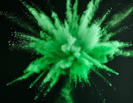 Green powder explosion isolated on a black background. green dust particles splash. Color Holi Fes