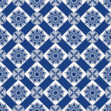 Blue color peranakan floral tile pattern. Illustration ikat mandala floral geometric shape seamless pattern. Ethnic geometric pattern use for fabric, textile, home decoration elements, upholstery, etc