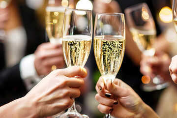 Friends toasting with champagne flutes at a glamorous event