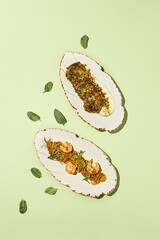 Vegan Dishes Composition - Vegetable Pasta with Shrimp and Zucchini Fritters